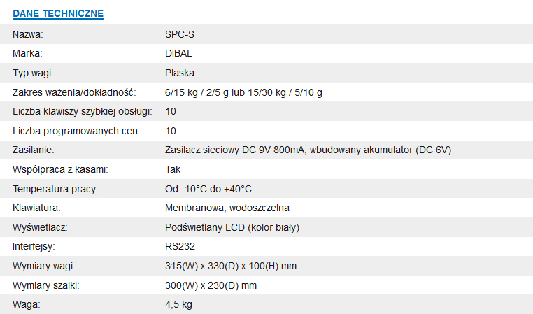 Dane techniczne waga DIBAL SPC-T RS232